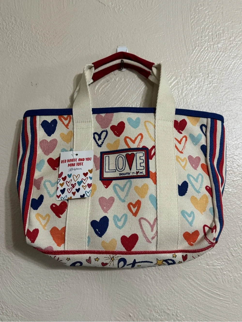Brighton Heart-Print Canvas Mini Tote - Cream with Multicolor Hearts
